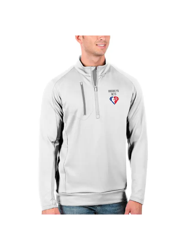 Men's Brooklyn Nets Antigua White NBA 75th Anniversary Generation Quarter-Zip Pullover Jacket 1 Men's Brooklyn Nets Antigua White NBA 75th Anniversary Generation Quarter-Zip Pullover Jacket