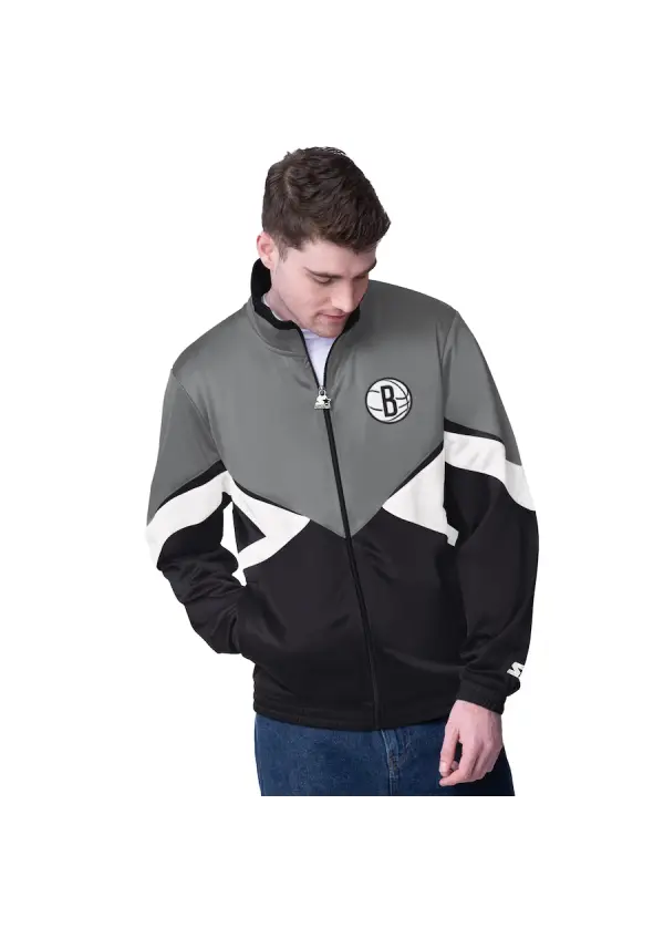 Men's Brooklyn Nets Starter Gray/Black Rush Applique Full-Zip Track Jacket 1 Men's Brooklyn Nets Starter Gray/Black Rush Applique Full-Zip Track Jacket