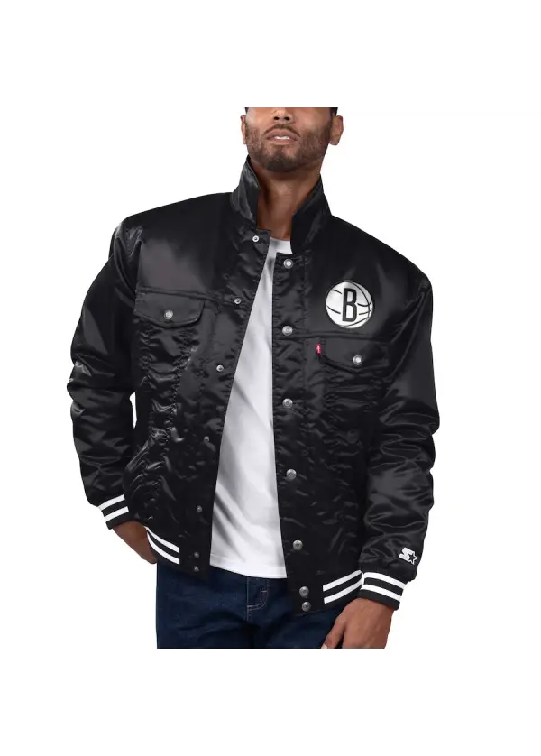 Men's Brooklyn Nets Starter x Levi's Black Silver Label Trucker Satin Full-Snap Jacket 1 Men's Brooklyn Nets Starter x Levi's Black Silver Label Trucker Satin Full-Snap Jacket
