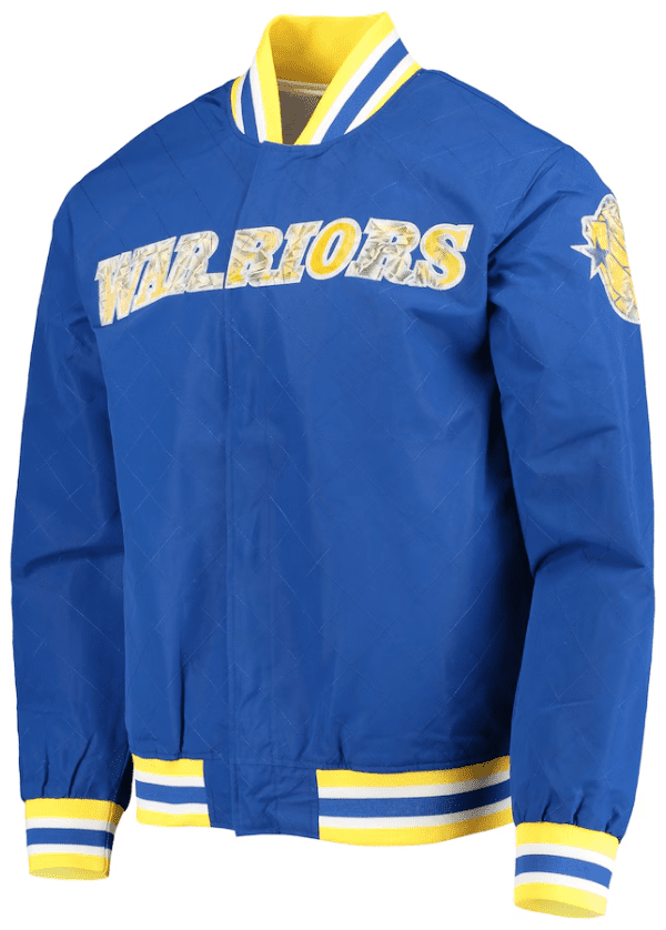 Men's Golden State Warriors Mitchell & Ness Royal Hardwood Classics 75th Anniversary Authentic Warmup Full-Snap Jacket 1 Men's Golden State Warriors Mitchell & Ness Royal Hardwood Classics 75th Anniversary Authentic Warmup Full-Snap Jacket