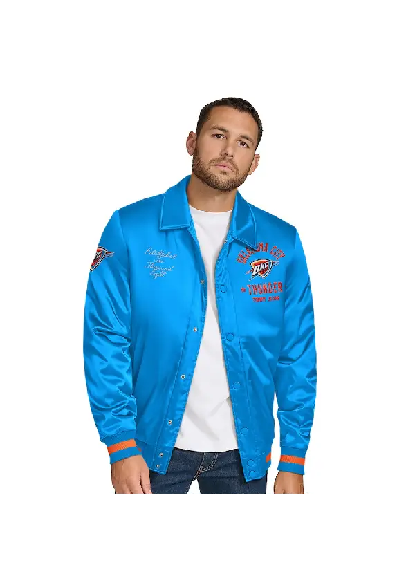 Men's Oklahoma City Thunder Tommy Jeans Blue Jacob Chain Stitch Applique Full-Snap Varsity Jacket 1 Men's Oklahoma City Thunder Tommy Jeans Blue Jacob Chain Stitch Applique Full-Snap Varsity Jacket