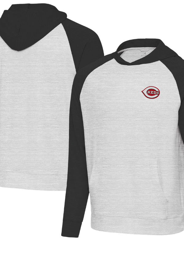 Men's Antigua Black/Heather Gray Cincinnati Reds Urgent Pullover Hoodie 1 Men's Antigua Black/Heather Gray Cincinnati Reds Urgent Pullover Hoodie