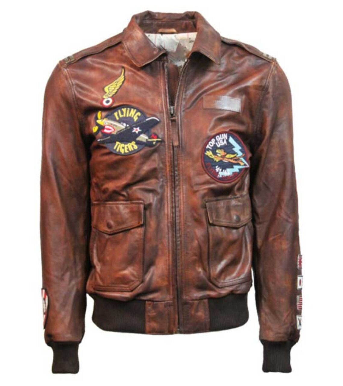 Top Gun Flying Tigers Brown Leather Jacket 1 Mens Top Gun Flying Tigers Brown Leather Jacket