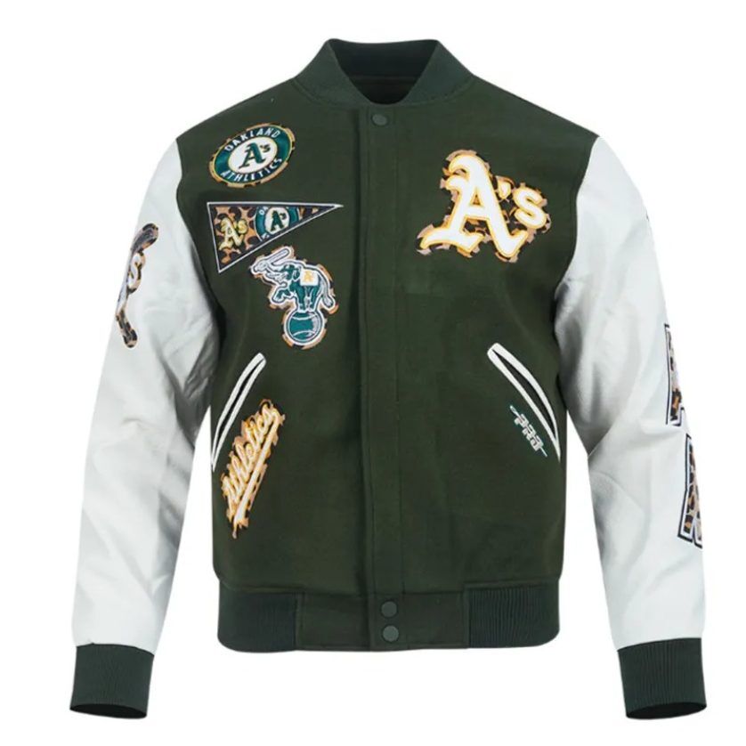 Oakland Athletics Animal Print Varsity Wool/Leather Jacket 1 Oakland Athletics Animal Print Varsity WoolLeather Jacket