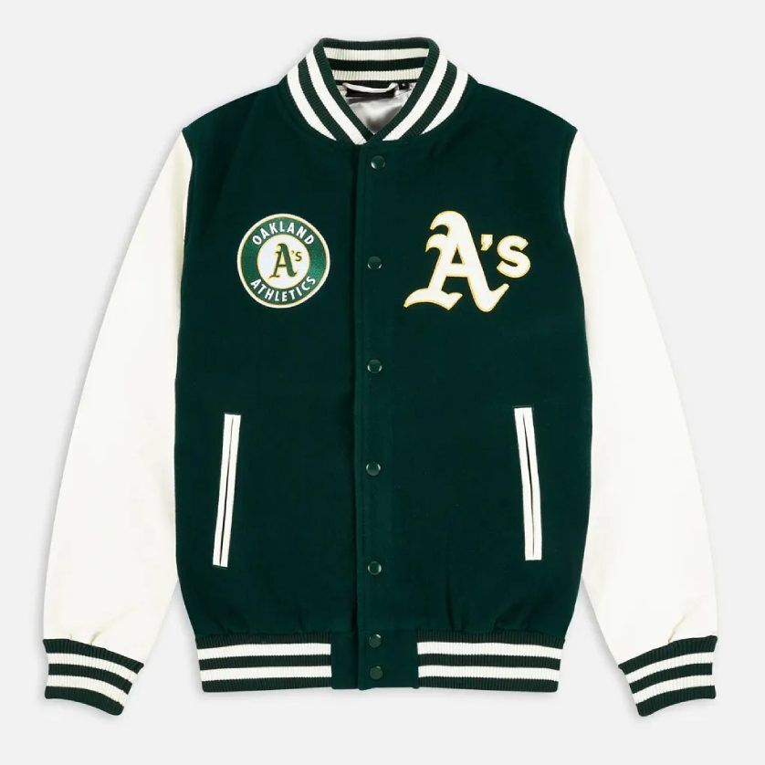 Oakland Athletics Green and White Varsity Jacket 1 Oakland Athletics Green and White Varsity Jacket